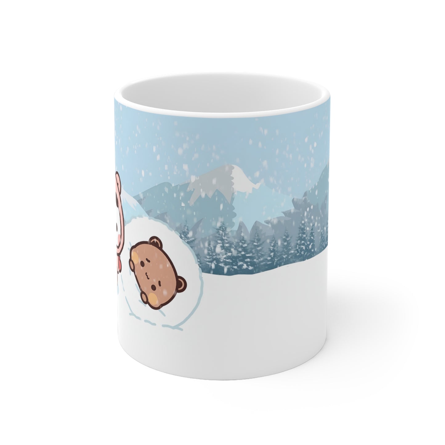 Bubu dudu playing in snow mug