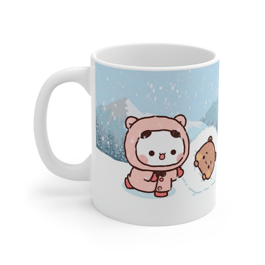 Bubu dudu playing in snow mug